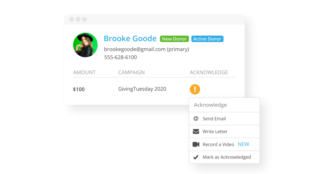 This image shows an example of a donor’s profile in a fundraising software solution.